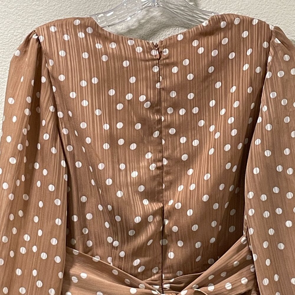 STORIA Long Sleeve Mini Dress V-Neck Ruched Polka Dot  Tan/White Women S - Picture 12 of 13